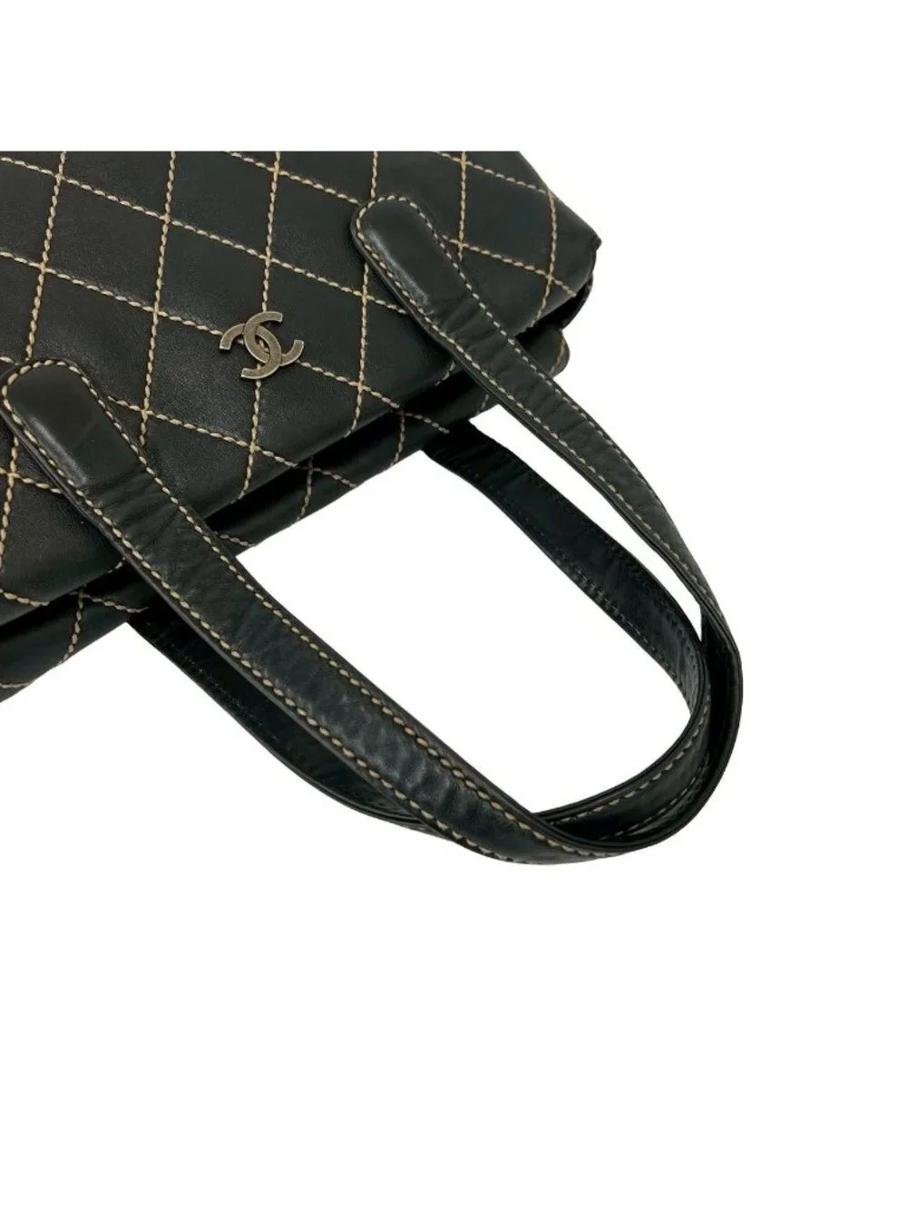 Chanel Quilted CC Logo Wild Stitch Leather Tote Shoulder Bag Black